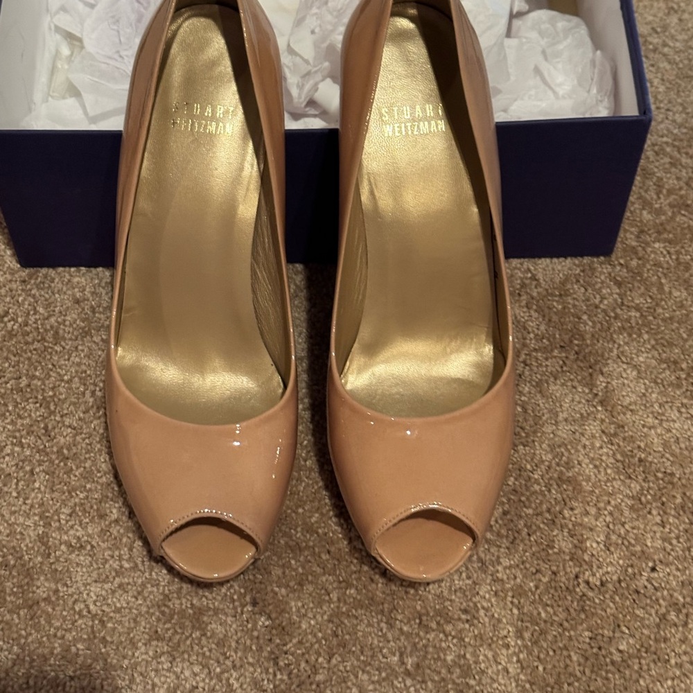 Stuart Weitzman Tan Peep-Toe Heels with Platform Sole